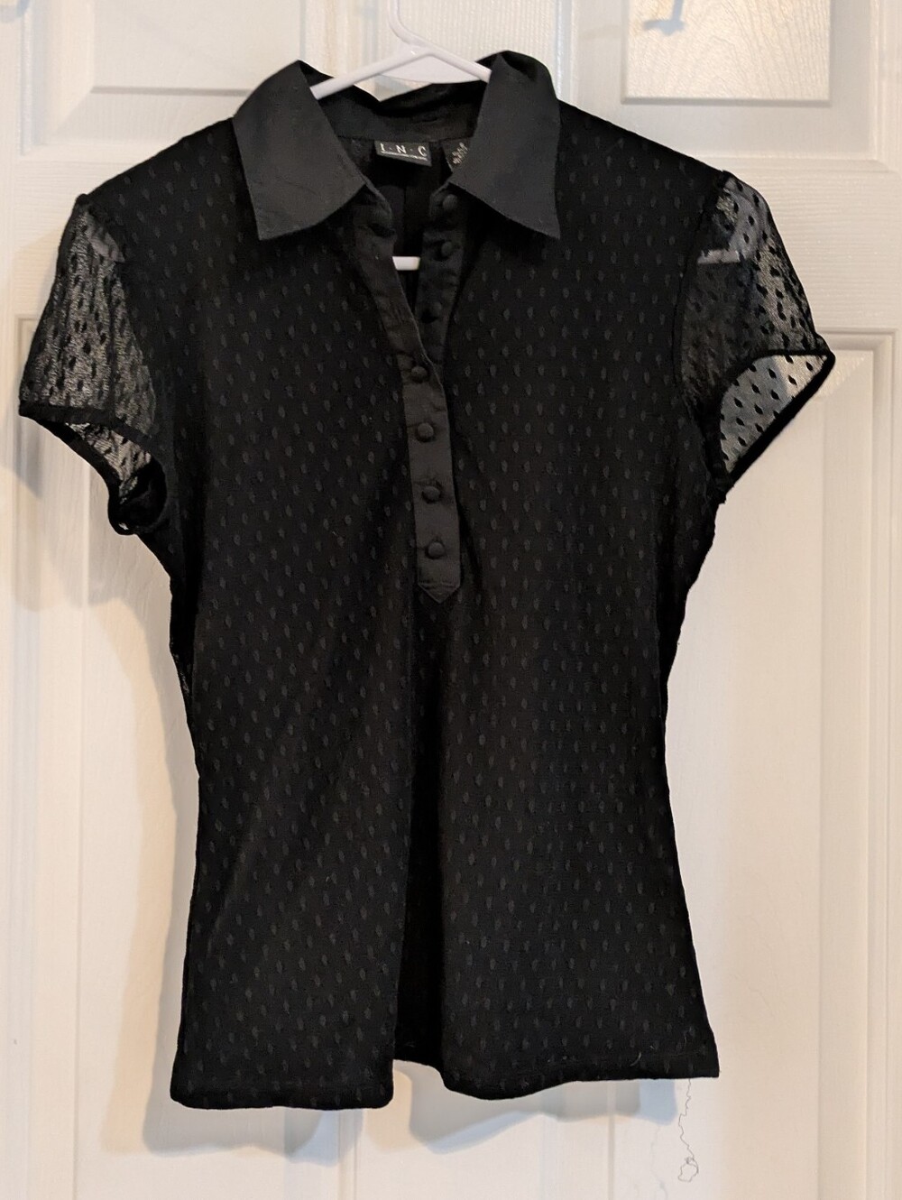 INC International Concepts Black Sheer Dot Polo Blouse